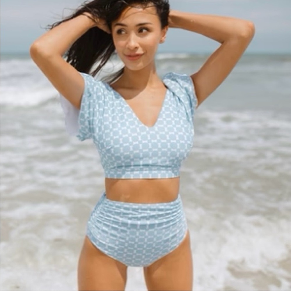 Albion Mod Blue Cape Swim Crop Ruched High Waisted Bottoms Size Small